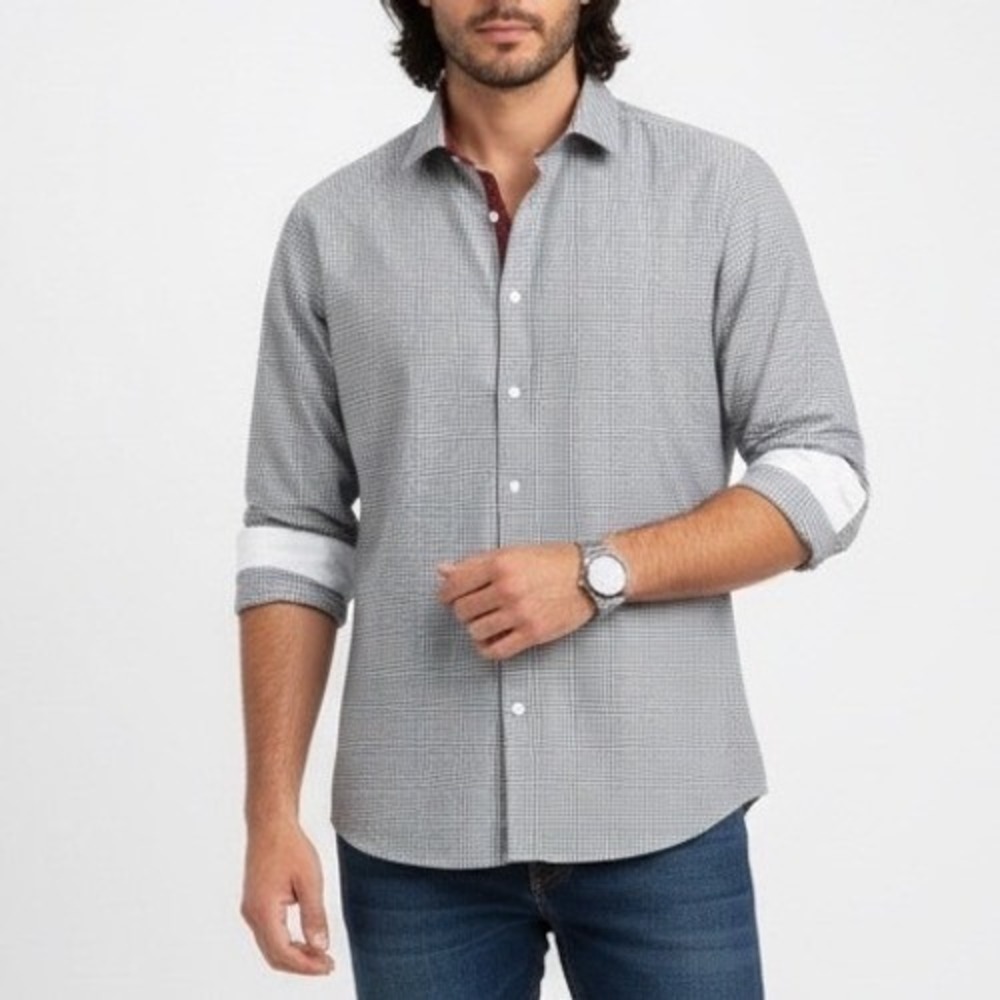 Nicole Miller Dress Shirt Mens L (16-16.5) Black White Gingham Check Button Up